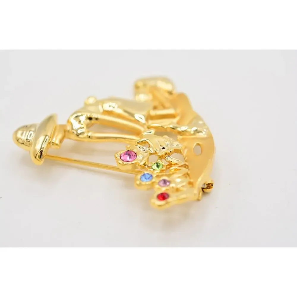 Vintage Flower Garden Pin Brooch Figural Floral Crystal Gold NOS 1980s BinA9
